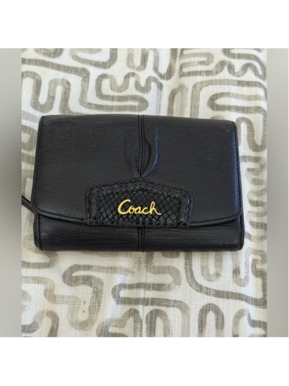 Coach Ashley Black Leather Compact Wallet, embossed gold hardware